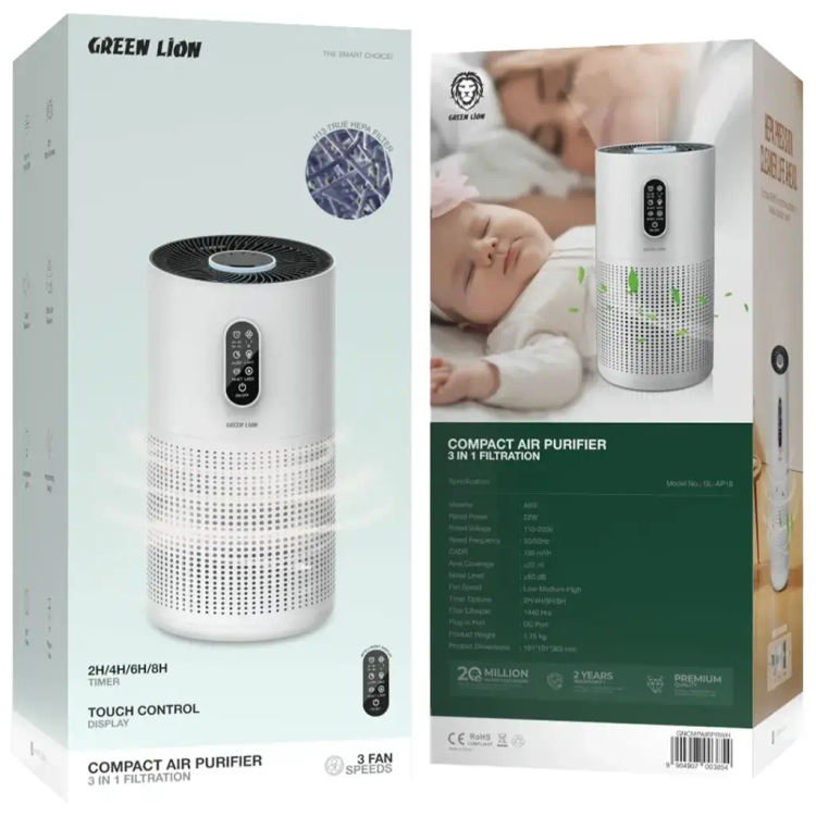 دستگاه تصفیه هوا گرین لاین مدل Compact Air Purifier با سیستم فیلتراسیون ۳ در ۱ - سفید