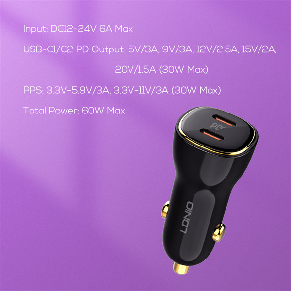 شارژر فندکی الدینیو مدل C104 فوقسریع ۶۰ وات با دو پورتP D، همراه با کابل USB-C