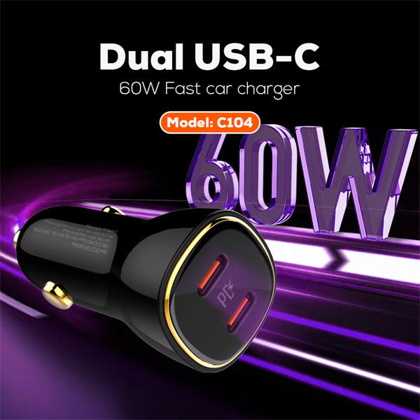 شارژر فندکی الدینیو مدل C104 فوقسریع ۶۰ وات با دو پورتP D، همراه با کابل USB-C