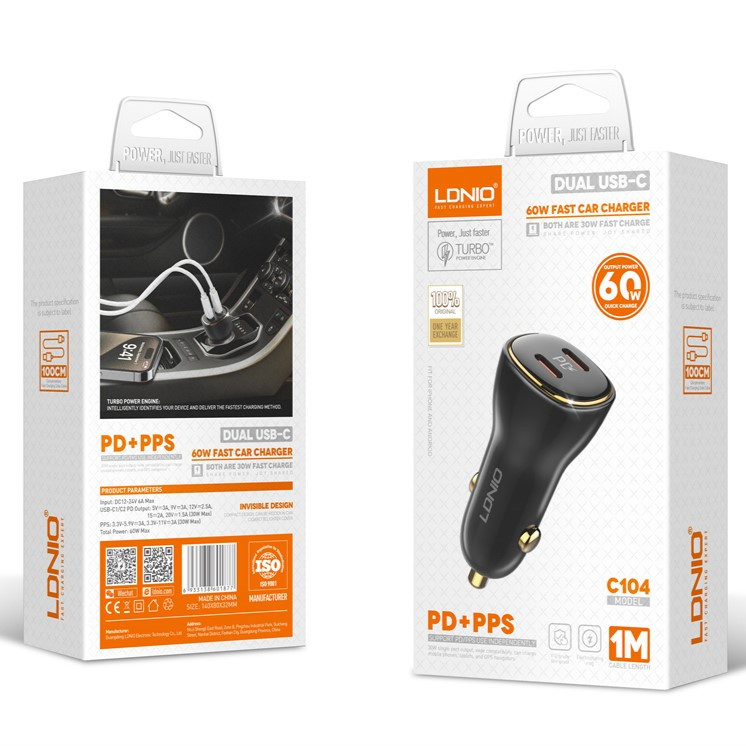 شارژر فندکی الدینیو مدل C104 فوقسریع ۶۰ وات با دو پورتP D، همراه با کابل USB-C