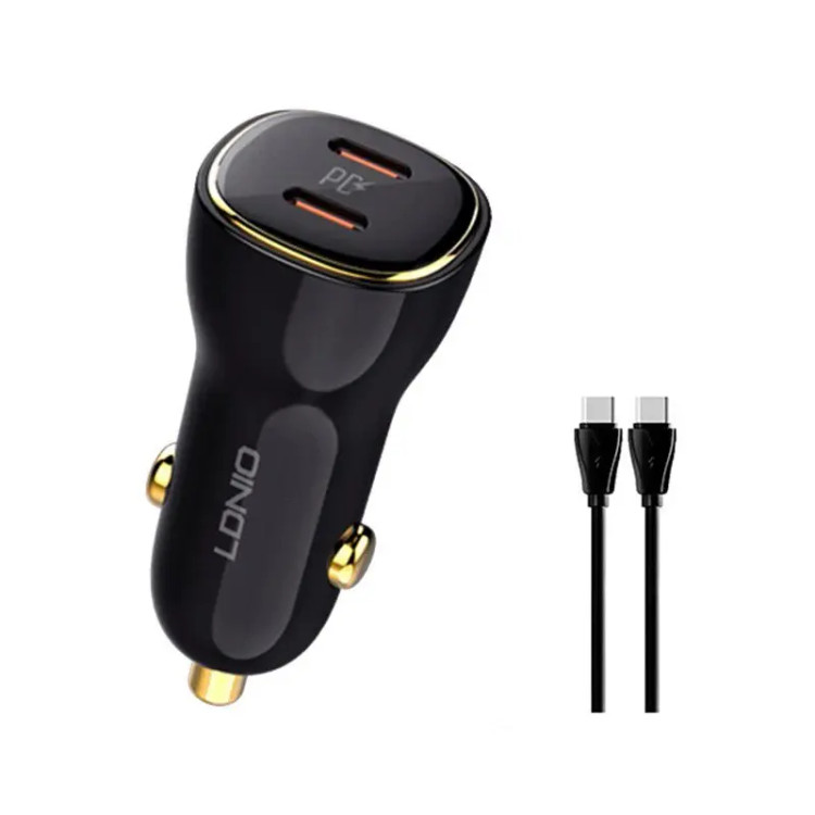 شارژر فندکی الدینیو مدل C104 فوقسریع ۶۰ وات با دو پورتP D، همراه با کابل USB-C
